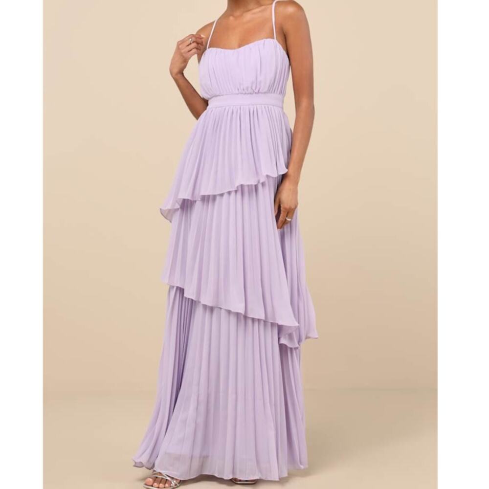 NEW Lulus Jehona Lavender Purple Pleated Chiffon Asymmetrical Tiered Maxi Dress